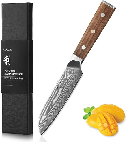 Wakoli Hickory Santokumesser 12,5 cm, 67 Lagen Damaststahl mit VG10 Kern | Full-Tang-Konstruktion, Walnussholzgriff und 15° V-Schliff für präzise Druck- und Zugschnitte bei Gemüse, Fleisch und Fisch