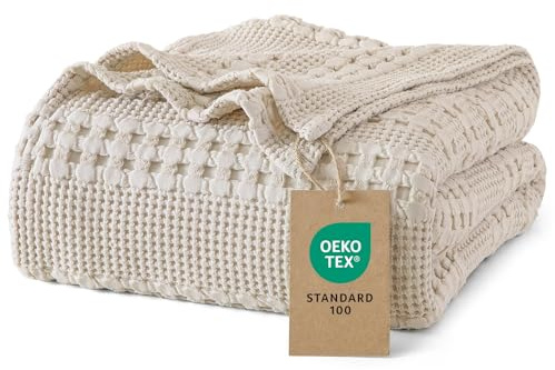 PHF 100% Baumwolle Waffledecke Kuscheldecke 130x150cm, Oeko-TEX® Zertifiziert - Hotelwäschequalität - Ideal für Sofa Couch Bett, leicht & atmungsaktiv, Hellbeige (Oatmeal)