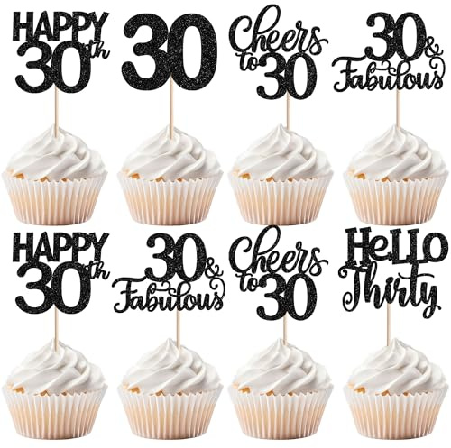 SYKYCTCY 30 Pack Happy 30th Birthday Cupcake Toppers Glitter Thirty Cheers to 30 Cupcake Picks 30 Fabulous Cupcake Decorations for Birthday Anniversary Party Supplies