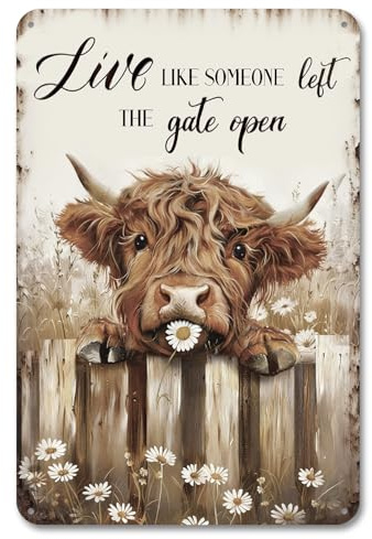 Laicaii Vintage Highland Cow Wall Decor, Live Like Someone Left The Gate Open Highland Cow Pictures, Bathroom Bar Kitchen Accessories and Decor, Metal Tin Sign Highland Cows Gifts, Garden Decoration
