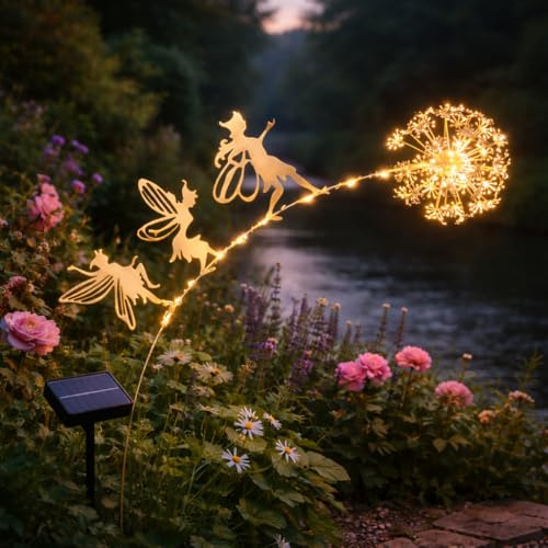 Garden Mile Lampe solaire de jardin - 70 cm - Pissenlit en métal - Avec 3 figurines de fée - LED - Effet luciole - Résistant aux intempéries - Décoration d'extérieur pour jardin ou parterre de fleurs