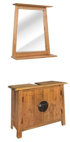 HaoChrymec Set Di Mobili Da Bagno In Legno Massello Di Pino, Stile Retrò Con Mobile Lavabo E Specchio, Design Vintage In Legno Naturale, Set Mobili Bagnos Completo per Bagnos O Toilette, 70x32x63 cm