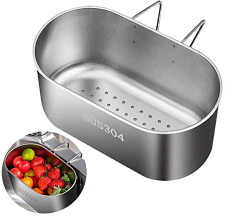 Stainless Steel Colander Basket, Kitchen Sink Drain Basket Hanging Storage Rack Strainer for Vegetables, Fruits, Kitchen Waste(Sliver)