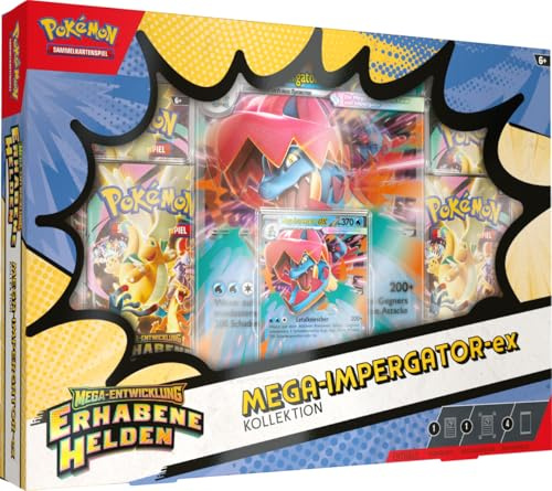 Pokémon-Sammelkartenspiel: Kollektion Mega-Entwicklung – Erhabene Helden: Mega-Impergator-ex (1 holografische Promokarte, 1 überdimensionale Wackelbildkarte und 4 Boosterpacks)