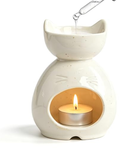 Lampada profumata in ceramica retrò con gatto sottile, bianco, lampada aromatica monopezzo, portacandele per oli essenziali, bruciatore