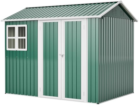 Thanaddo 8×6ft Gerätehaus Metall Groß Geräteschuppen 250x180x200cm, Wetterfest Gartenhaus mit Satteldach Fenster und Abschließbarer Tür, Gartenschuppen für Outdoor Garten Hinterhof Terrasse, Grün