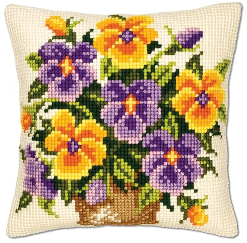 VERVACO Kreuzstich Stickpackungen Kissen Stickerei Set Anfänger Vorgedruckt Veilchen DIY Set Kreativ Set Für Erwachsene Dekoratives Kissen ca. 40 x 40 cm Bastelset Handwerker Haus Dekoration
