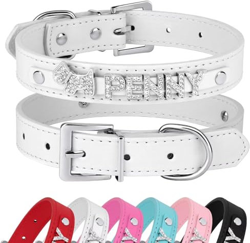 Didog Hundehalsband aus glattem PU-Leder mit Strasssteinen, personalisierbar, für kleine, mittelgroße Hunde, Weiß, Größe L