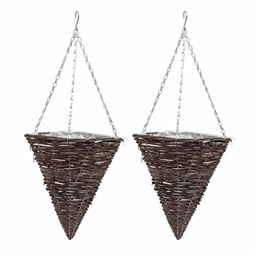 2 x Traditional 12in Rattan Wicker Cone Garden Hanging Baskets