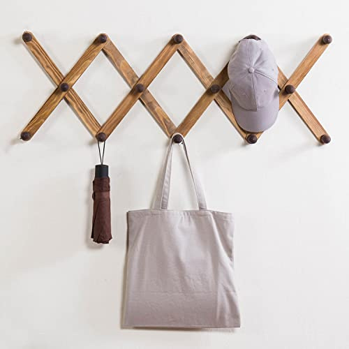 MyGift Wall Mounted Expandable Coat Rack, Rustic Solid Burnt Wood Accordion Coat Hanger Hook Rack with 14 Peg Hooks, Entryway Organizer for Baseball Caps, Jackets, Hats, Bags