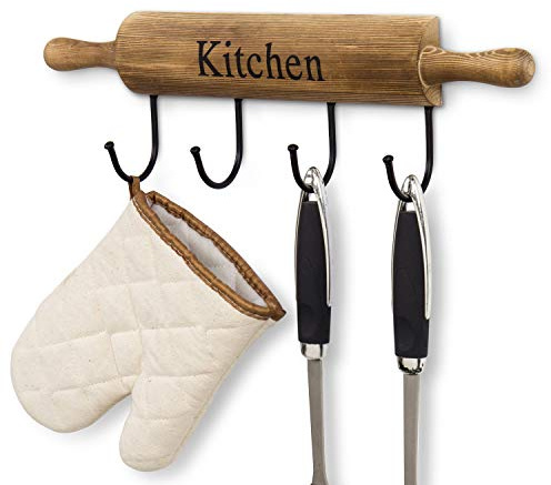 MyGift Rustic Burnt Brown Wood Kitchen Hooks for Hanging Cooking Utensils, Coffee Mugs and Hand Towels, Decorative Rolling Pin Design Kitchen Wall Decor with 4 Hooks