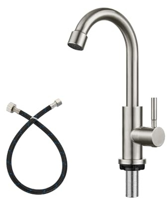 Kaltwasser-Küchenarmatur, gebürstetes Nickel, Einzelgriff, 1 Loch, 360 Grad schwenkbarer Auslauf, Deckmontage, Wasserhahn, Schwanenhals mit Schlauch (Abfluss nicht im Lieferumfang enthalten)