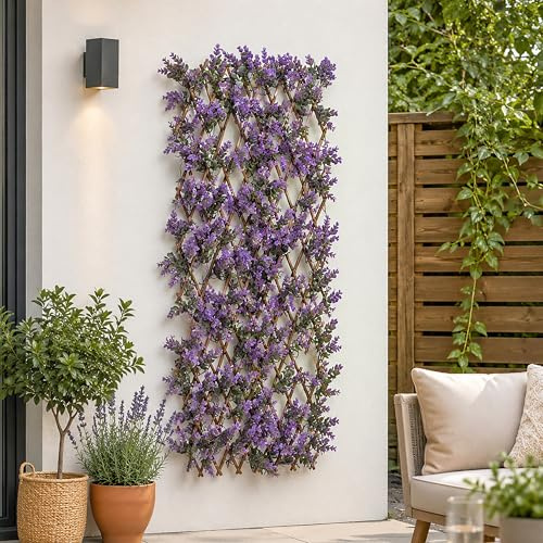 Garden Mile 180x60cm Artificial Violet Flower Trellis Expandable Willow Trellis Screen with Faux Leaves Garden Privacy Fence Screening Panel Decorative Wall Panel Balcony Patio Fence Cover