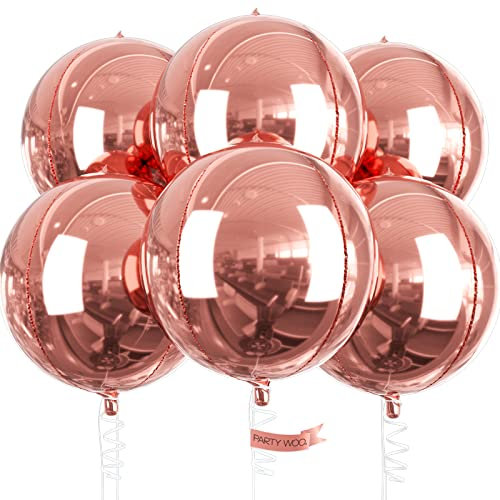 PartyWoo Rose Gold Foil Balloons 6pcs 22 Inch Large Round Foil Big Giant 4D Jumbo Inflatable Mirror Ball Mylar Balloons for Baby Shower Floral Birthday Wedding Bachelorette Party Decorations