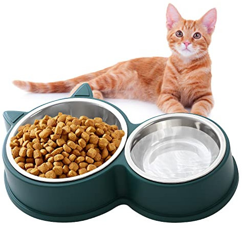 HUTVD Katzennäpfe Katzenschüssel Set, 30cm Edelstahl Doppel Napf, rutschfeste Katzennapf aus Edelstahl, Fressnapf Katze Wasserschale, Katzennapf erhöht Näpfe und Tränken für Haustier（Grün）