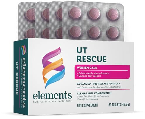 Elements UT Rescue - Supplement for Urinary Tract Support with D-mannose Cranberry Extract and Birch Leaf Extract, UT and Bladder Health for Women and Men, Non-GMO Gluten Free 60 Tablets