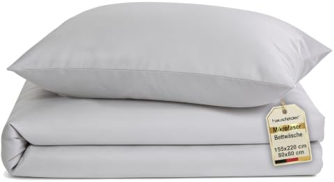 Hausfelder Bettwäsche, 2-teilig, Hellgrau | Mikrofaser Bettbezug 155 x 220 bügelfrei mit Reißverschluss, Kissenbezug 80x80, Öko-Tex Made in Green, für Allergiker