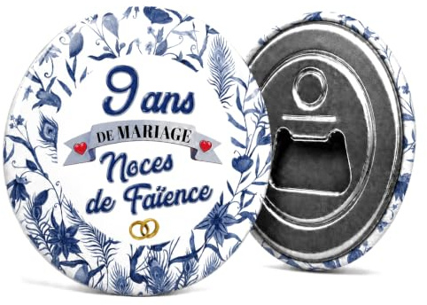 Badgmania Décapsuleur Aimanté 9 Ans de Mariage – Noces de Faïence – Cadeau Homme Original Utile – Ouvre-Bouteille Magnet Frigo – Fabriqué en France – Ø 59 mm