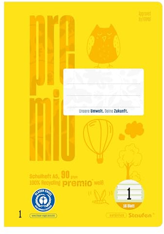Staufen Green - Quaderno per imparare a scrivere – DIN A5, rigatura 1 (5/5/5 mm a righe, rigatura colorata), 10 quaderni da 16 fogli, carta riciclata da 90 g/m², angoli arrotondati evitano le orecchie