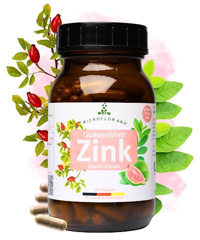 MICROFLORANA® - Guavenblatt Zink - 180 Kapseln - 6 Monate Vorrat - 10 mg natürliches Zink aus Guavenblatt je Kapsel - Laborgeprüft - Pflanzliches Zink - Ohne Zusätze - Im Braunglas