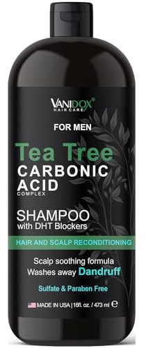 Vanidox Tea Tree Shampoo with Organic Tea Tree Oil and Carbonic Acid - For Men's Itchy and Dry Scalp, Fights Hair Loss, Stimulates Growth - With DHT Blockers (16 FL Oz)