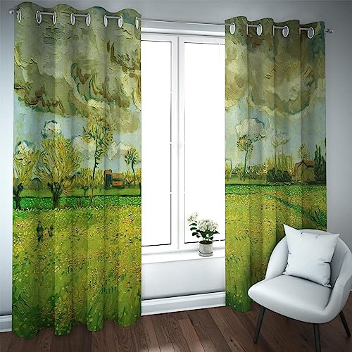 Deertweet Home Baum Verdunkelungsvorhänge Grüne Landschaft Ölgemälde Kunst Fenster Vorhänge Dekor für Schlafzimmer Wohnzimmer Verdunkelung Vorhänge 2 Paneel Set H229xB229