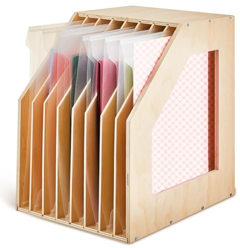 ReliThick Holz Aufbewahrungsbox für Sammelalben, Papier, 30,5 x 30,5 cm, Vinyl-Schallplatten, 8 Fächer, Schreibtischregal, Portfolio, Aktenbox, ca. 25 x 33 x 35 cm, braun-gelb