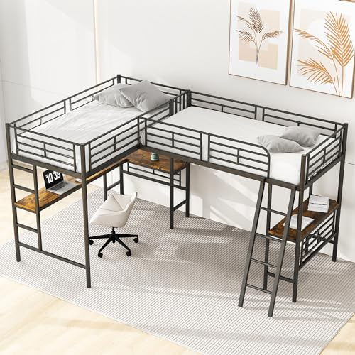 KecDuey Cama alta de 90 x 200 cm, cama de hierro con dos literas, mesa debajo de la cama, marco de metal con escalera doble, barandilla alta (negro), WX001001