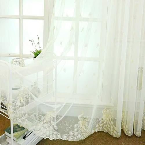 Bishilin Gardinen mit Haken für Schiene 137x183CM, Vorhänge Halbtransparent 2er Set Landhausstil Stickerei mit Gelb Pfauen Motiv Polyester Gardinen Halbtransparent für Kinderzimmer Wohnzimmer Küche