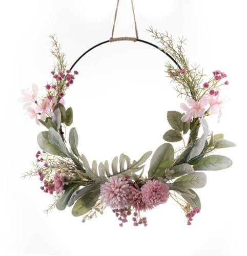 Rockreyoa Türkranz Kranz Deko Künstliche Blumenkranz Osterkranz Frühlingskranz Metallring Girlande Rosa Dekokranz Wandkranz Haustür Modern Deko Anhänger für Hochzeit Wohnzimmer Hochzeit