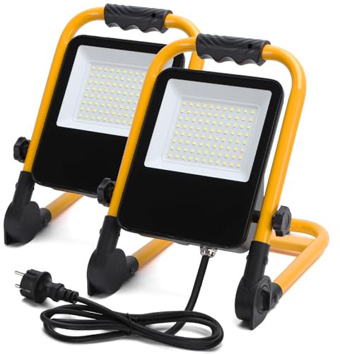 Aigostar Faro da Cantiere 50W, IP65 Impermeabile, Faretto Led da Cantiere con Spina, 6500K Bianco Brillante per Esterno, Lavori, Giardini e Garage, Rotazione 360°, portatile 2 pcs