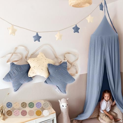LILIMAUS Sternen Wimpelkette Stoff - Mit Goldapplikation in 12 Farben - 100% Baumwolle Handmade - Musselin Wimpelkette für Kinderzimmer - Hausbett Deko für Mädchen & Jungen - Babyzimmer Deko