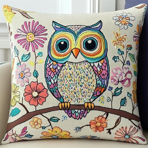 WallustrioaW oiseau coloré DIY Coussin Point De Croix Kit,chouette sur une branche d'arbre,Kits De Points De Croix Imprimés,Kit De Broderie Pour Adultes,Kit De Taie D'Oreiller Brodé À La Main,45x45cm