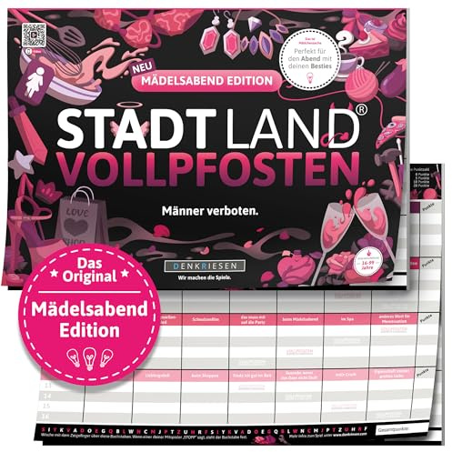 DENKRIESEN Stadt Land VOLLPFOSTEN Mädelsabend Edition | DIN A4 Spielblock | Ab 16 Jahren mit kreativen Kategorien für Freundinnen, perfekt für Mädelsabende und Partys.