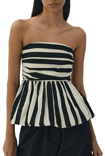 Axelbandslösa Peplum-tröjor for kvinnor Randtryck Ruched Backless Cropped Bubble Bandeau Top Summer Going Out Tankar(Black,XL)