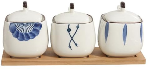 7LiuYueFei6 Porcelain Condiment Jar Spice Container with Lids - Ceramic Serving Spoon, Wooden Tray Best Pottery Cruet Pot for Your Home, Kitchen, Counter, Set of 3, white