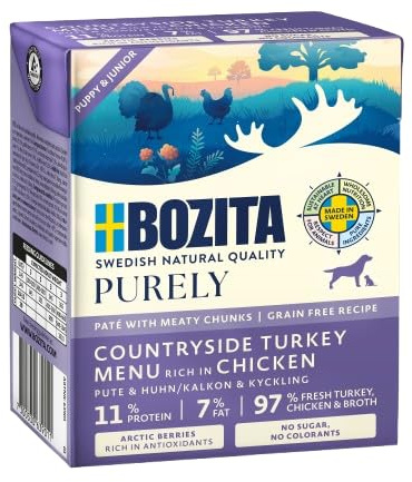Bozita Purely 6 x 370g Pute & Huhn (Puppy & Junior) im Tetra | Getreidefreies Nassfutter für Hunde | Sehr Hoher Fleischanteil | mit Fleischstückchen | ohne Zucker & ohne künstliche Farbstoffe