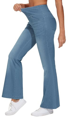 THE GYM PEOPLE Jeans Donna Flared a Vita Alta Elasticizzati con Contrallo della Pancia e Tasche - per Il Tempo Libero, Le Uscite e Lo Stile Urbano, Blu Denim, S