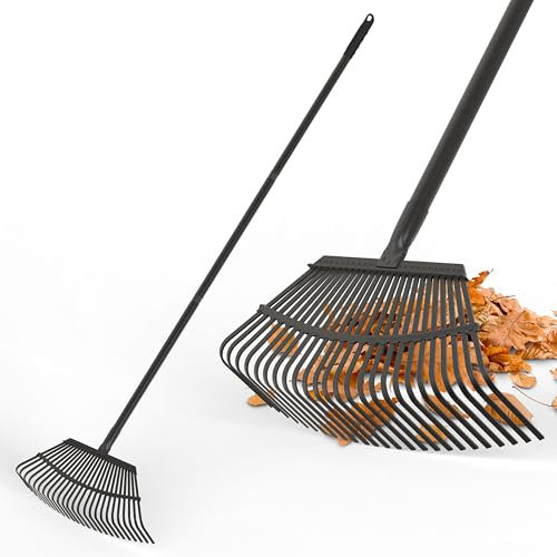 Garden Rake Heavy Duty, 25-tooth Metal Rake Upgraded 65-inch Adjustable Long Handle, Wide Metal Head for Leaf Yard Cleanup & Lawn Levelling Garden Leveller