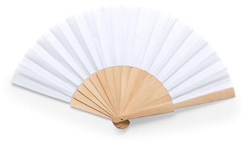 PromotionGift Ventilateur manuel en bois de main avec le tissu de polycoton - blanc clair