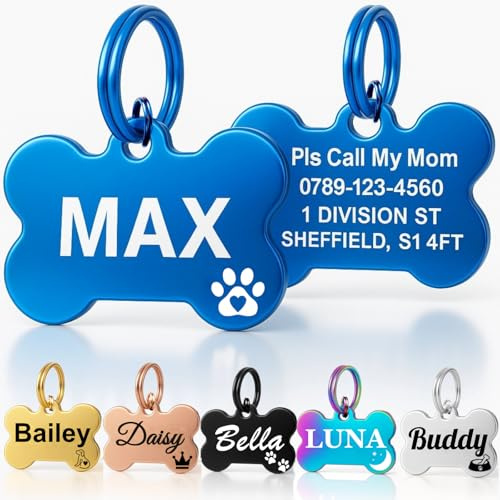 Personalisierte Hundemarken für Haustiere UK Prime, tief gravierte Katzen- und Hundemarke, Edelstahl, Haustiermarke für Hunde, Kätzchen, Kätzchen, Welpen, kratzfeste Marke (Blauer Knochen, S)