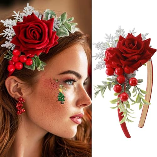 Unicra Rot Blume Weihnachtskopftuch Beeren Xmas Headband Feiertag Haarschmuck für Damen und Erwachsene