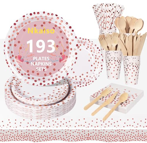 Nkaiso 193 Stück Rosagold Pappteller Geburtstag -24 Gäste | Partygeschirr Set mit Einwegteller Becher Servietten Party Geburtstag Deko