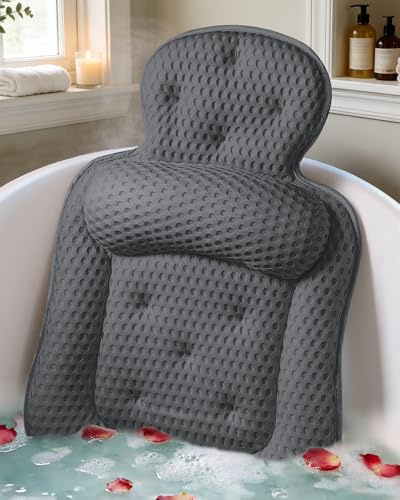Badewannenkissen für die Wanne, Badewannenkissen für Kopf und Nacken mit weichem 5D-Mesh-Gewebe und 54 rutschfesten Saugnäpfen, entspannendes Wannen- und Duschzubehör Spa Geschenk Grau Extra Dick