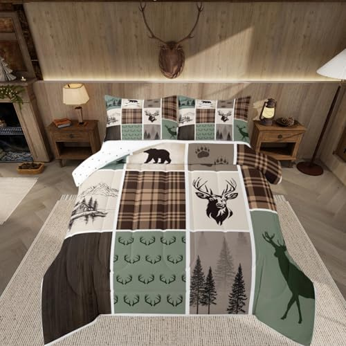Feelyou Rustic Cabin Deer Bedding Set Toddler Size Kids Hunting Country Farmhouse Comforter Cover for Boys Girls Teens Wild Animal Duvet Cover Green Quilt Set Breathable Soft Lightweight Microfiber