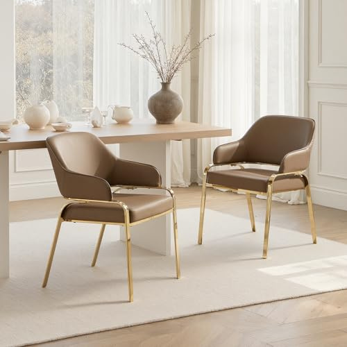 DAYALANE Esszimmerstühle 2er Set, Küchenstuhl Polsterstuhl mit Goldfarbene Metallbeine aus PU Kunstleder, Große Rückenlehne Wohnzimmerstuhl für Esszimmer Wohnzimmer Küche Schlafzimmer, Braun