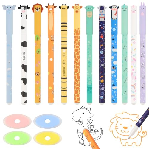 Lwtsrp Lot de 12 stylos gel effaçables (0,5 mm) multicolores avec 4 gommes supplémentaires - Design animal de dessin animé - Pour l'école et le bureau - Kit parfait pour l'écriture créative et la