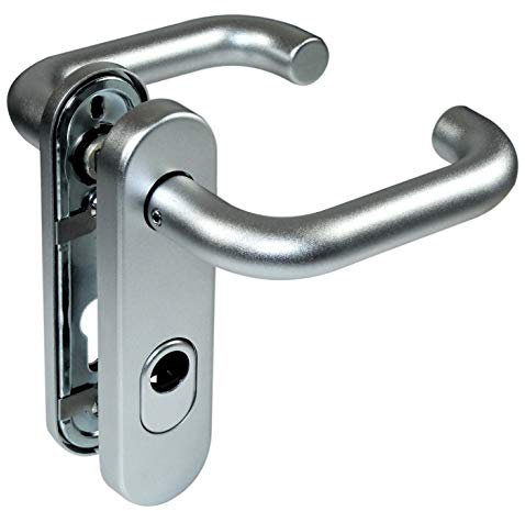 SN-TEC Stahltür FH Tür Schutzbeschlag mit Ziehschutz für Feuerschutztüren, mit beidseitig Drücker, abgerundetes Schild, Aluminium F1 mit 14mm Stahlplatte