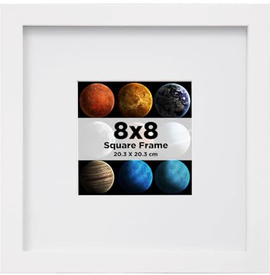 EGOFINE 8x8 Photo Frame, Solid Wood Picture Frame with Plexiglass for Picture 4x4 with Mat or 20x20cm without Mat, Square Frame with Mount,Tabletop and Wall Mounting Display, White