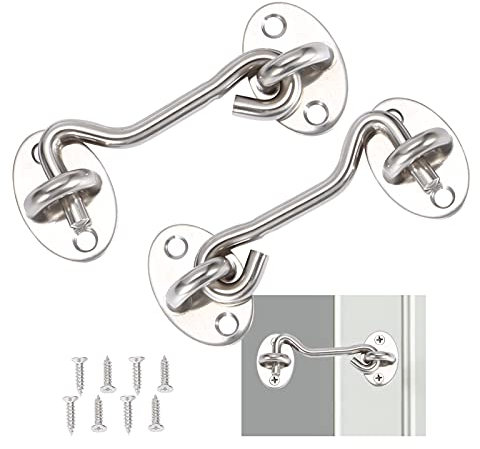 2 ganci temporanei con occhiello, ganci per cabina, in acciaio inox, ganci per porte argentati, ganci per porte basculanti in legno, persiane, in legno, per cancello da giardino, con 8 viti di